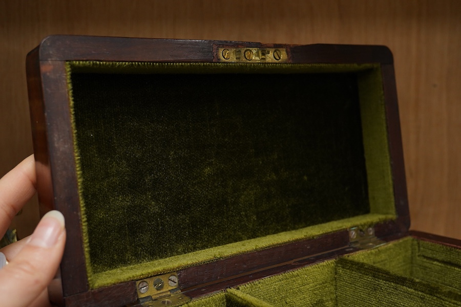 A three division Georgian mahogany tea caddy, 24cm x 15cm. Condition - top edge to lid missing, cellotape mark to front panel